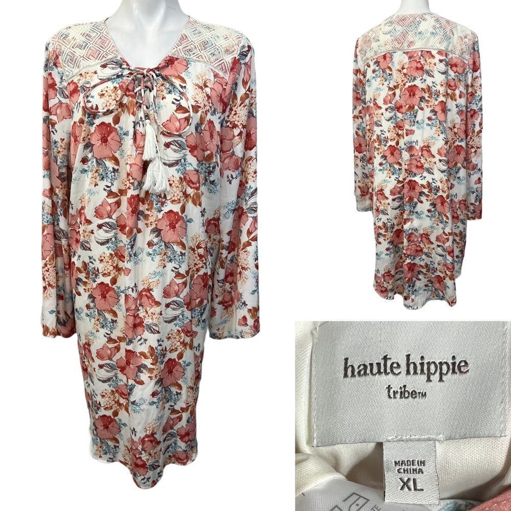 Haute Hippie Tribe Dress w/ Lace Up Neckline XL floral boho casual -11‎